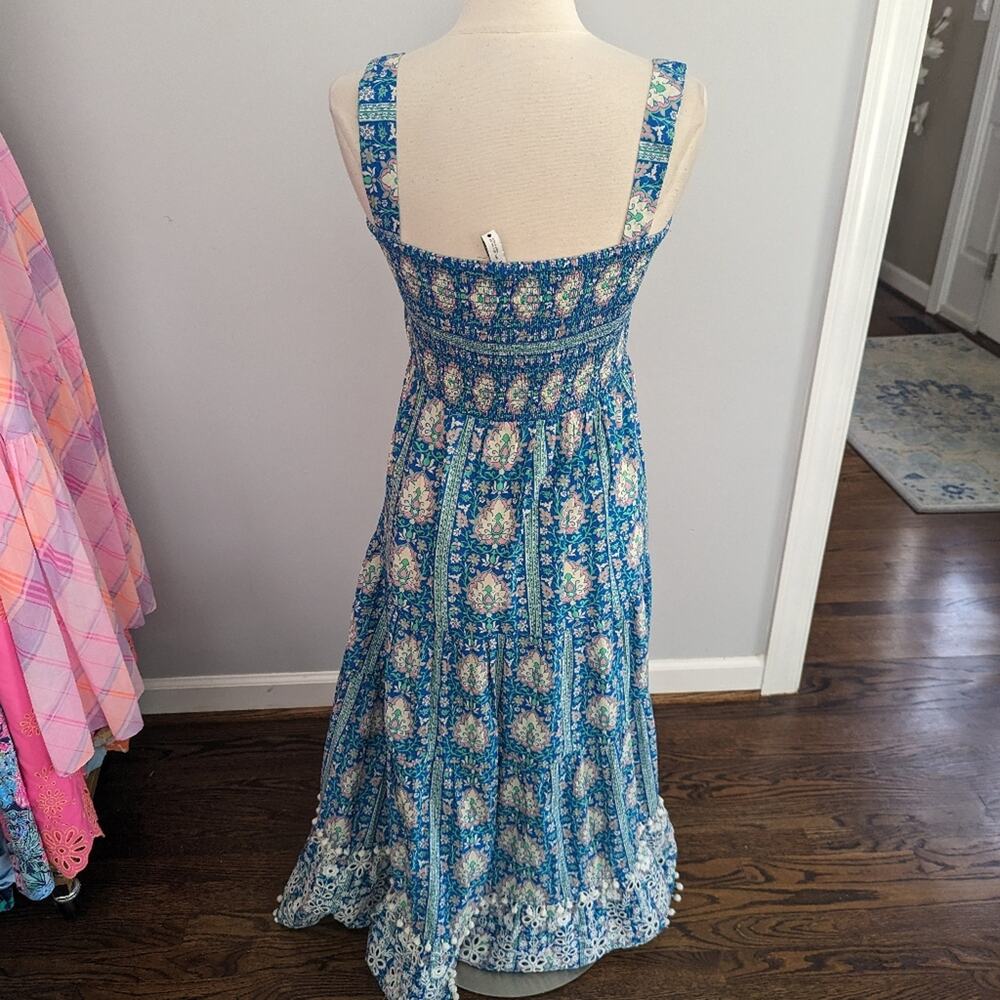 Womens Zara Printed Blue Patterned Maxi Dress Large Smocked Lace Bohemian - Picture 4 of 7